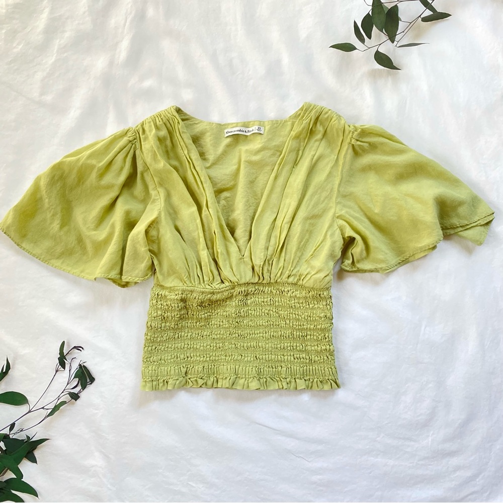 Abercrombie & Fitch Light Lime Green Crop Top Bohemian Boho Peasant Shirt Cinch